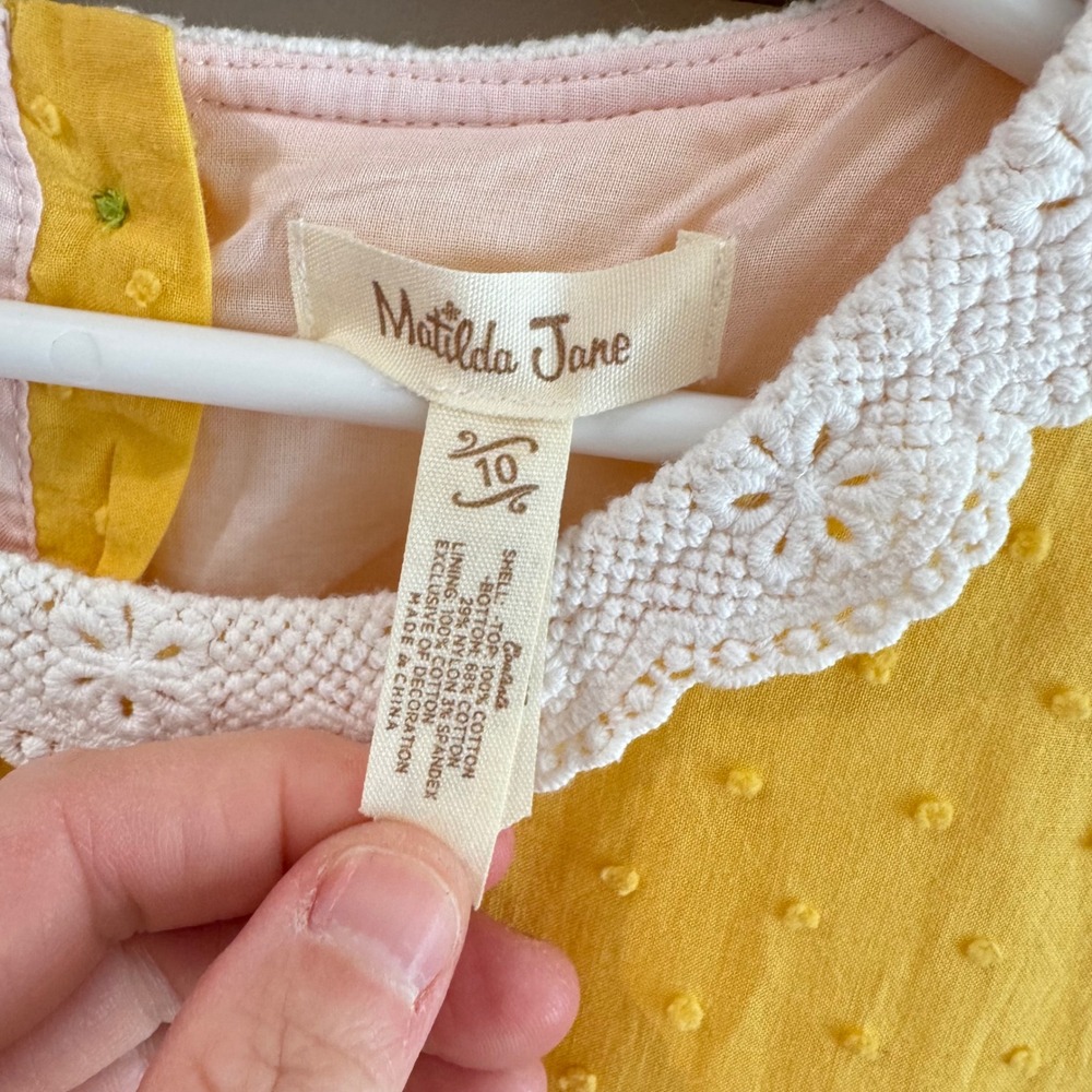 Matilda Jane Girls Yellow Swiss Dot Floral Lace Collar Dress Size 10 - Picture 3 of 7